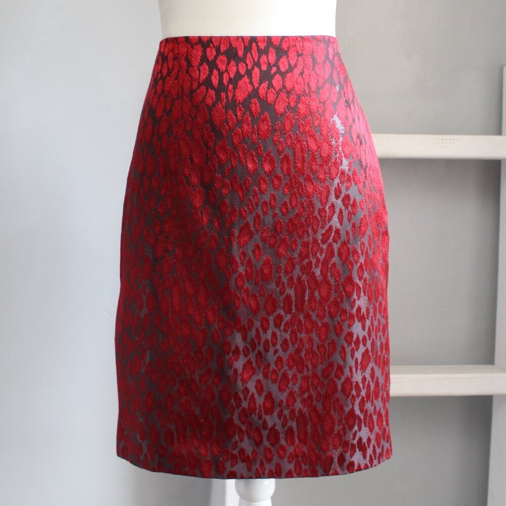 New York & Company Red Leopard Print Metallic Midi Pencil Skirt Size Small